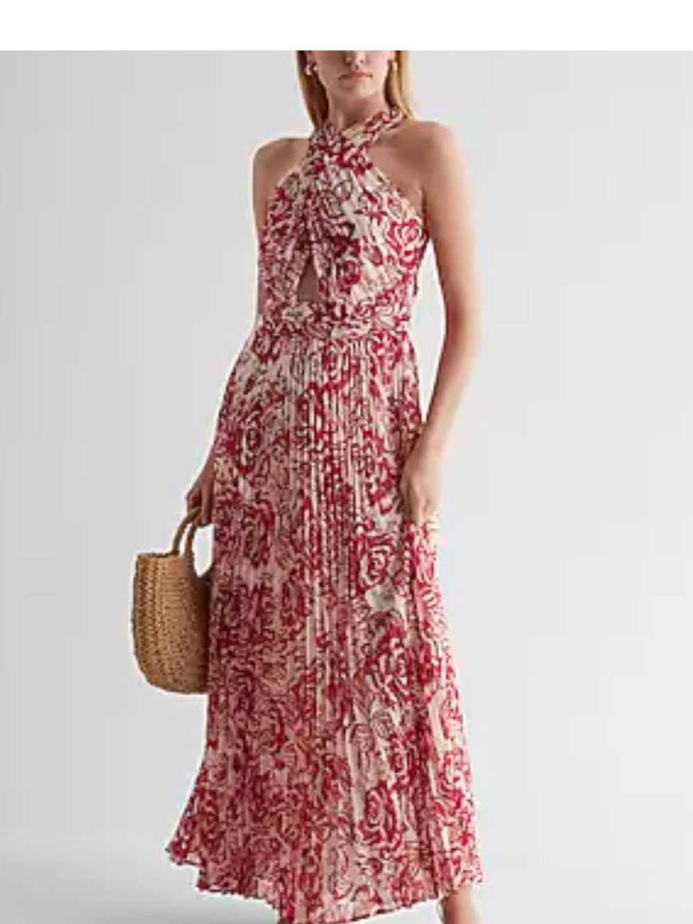 Printed Wrap Halter Neck Cutout Pleated Maxi Dress